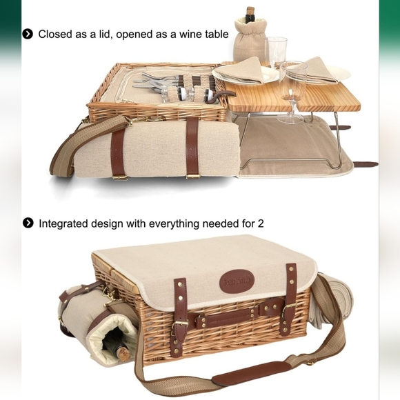 Multifunctional Wicker Picnic Basket Set for 2 with Blanket & Picnic Table - Picture 4 of 11